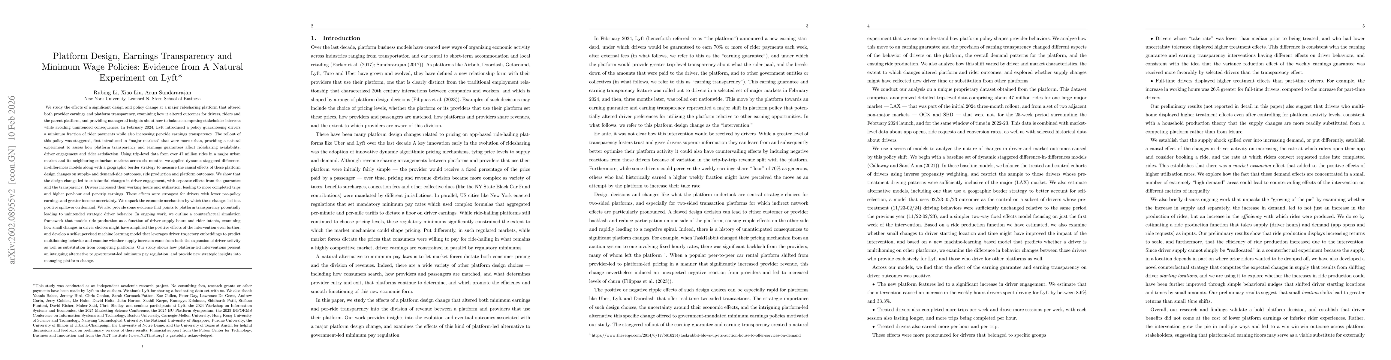 Thumbnail for Platform Design, Earnings Transparency and Minimum Wage Policies: Evidence from A Natural Experiment on Lyft