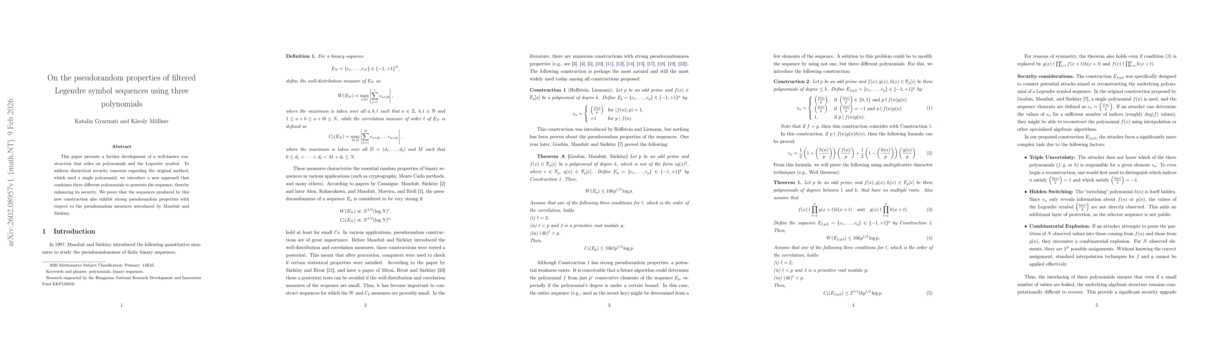 Thumbnail for On the pseudorandom properties of filtered Legendre symbol sequences using three polynomials