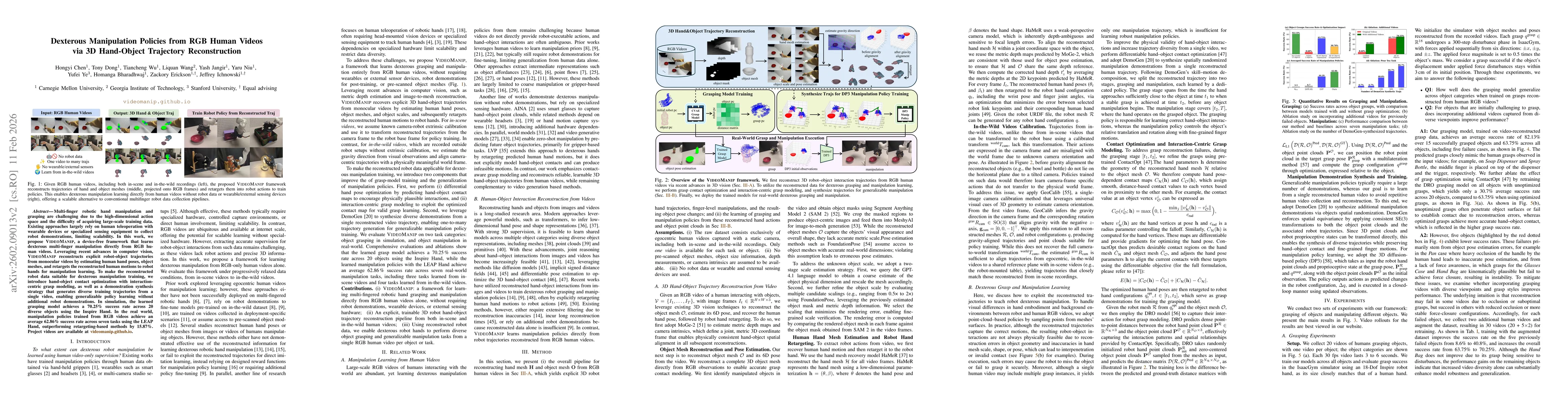 Thumbnail for Dexterous Manipulation Policies from RGB Human Videos via 4D Hand-Object Trajectory Reconstruction
