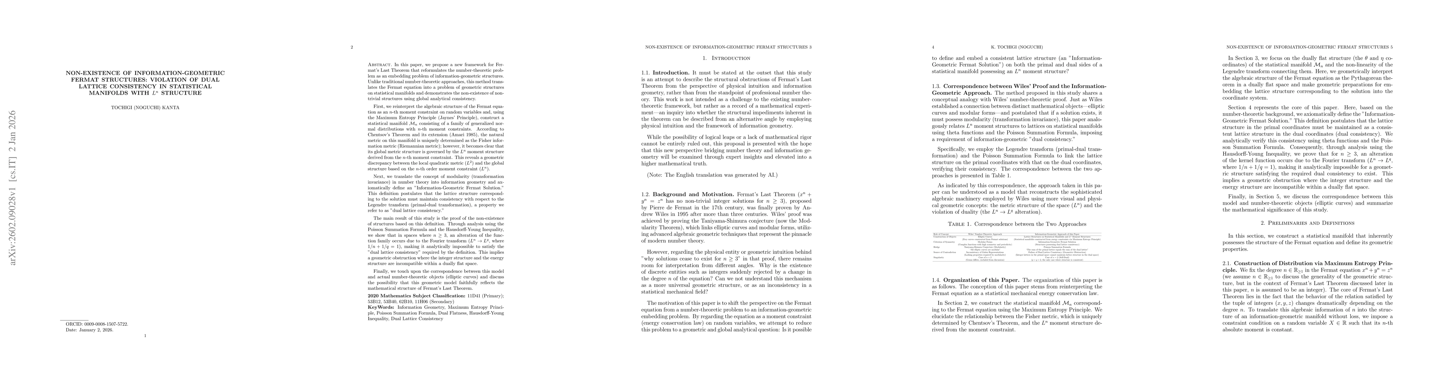 Thumbnail for Non-existence of Information-Geometric Fermat Structures: Violation of Dual Lattice Consistency in Statistical Manifolds with $L^n$ Structure
