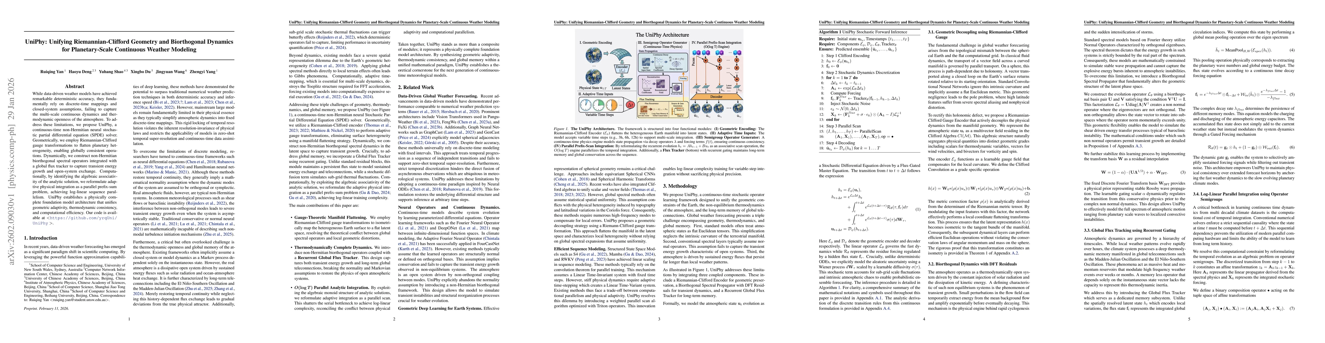 Thumbnail for UniPhy: Unifying Riemannian-Clifford Geometry and Biorthogonal Dynamics for Planetary-Scale Continuous Weather Modeling
