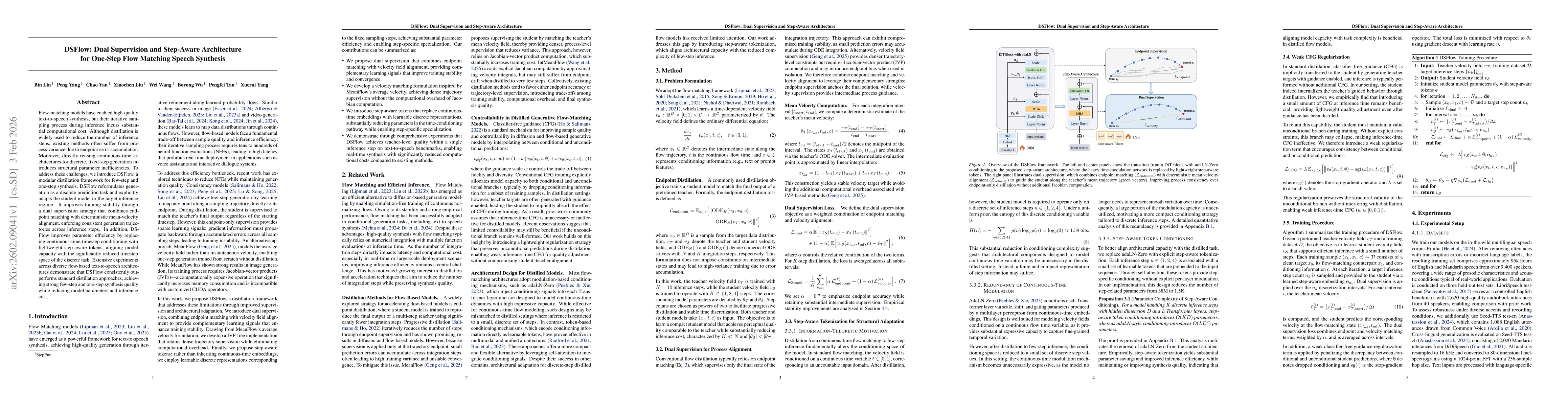 Thumbnail for DSFlow: Dual Supervision and Step-Aware Architecture for One-Step Flow Matching Speech Synthesis