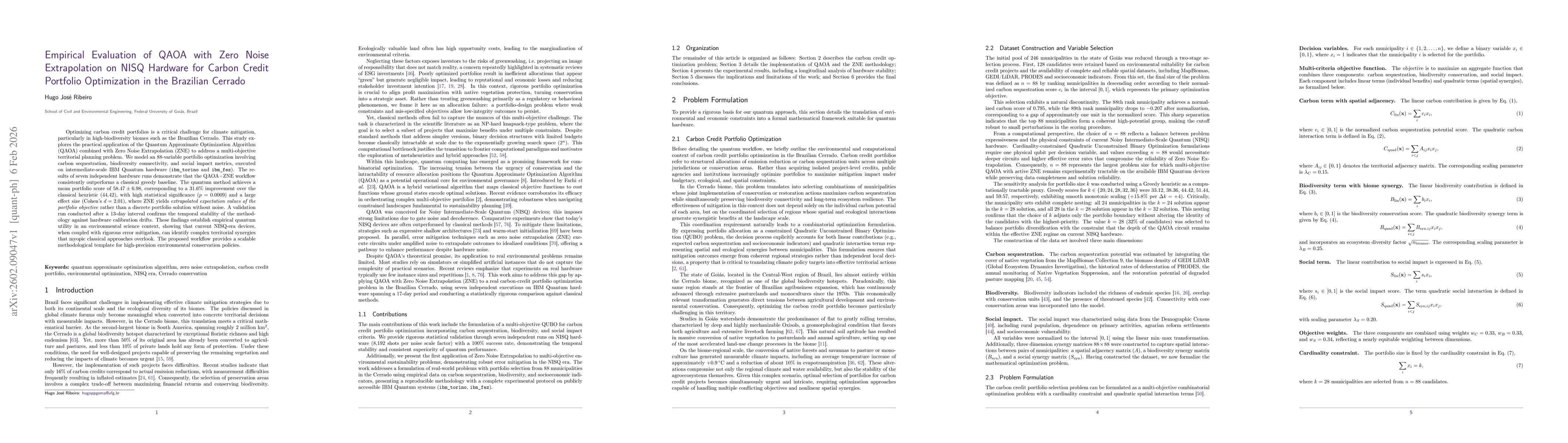 Thumbnail for Empirical Evaluation of QAOA with Zero Noise Extrapolation on NISQ Hardware for Carbon Credit Portfolio Optimization in the Brazilian Cerrado