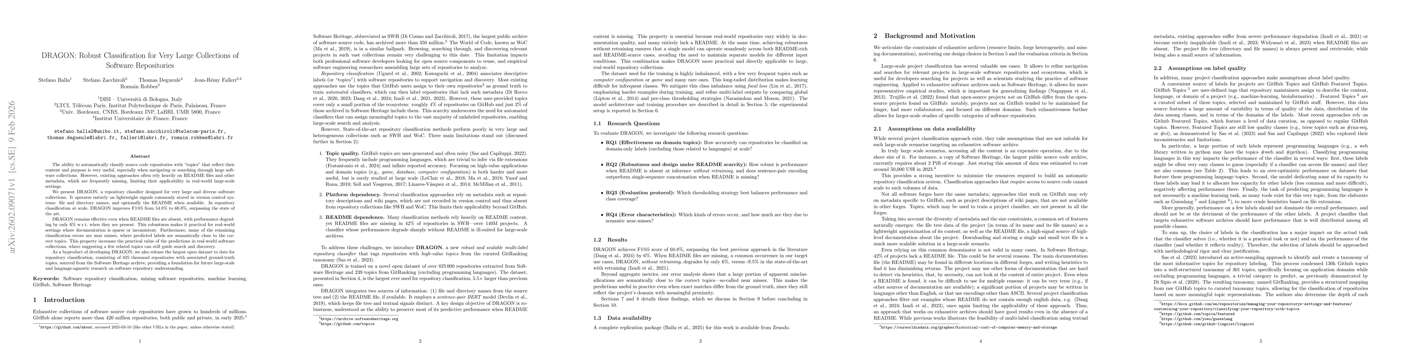 Thumbnail for DRAGON: Robust Classification for Very Large Collections of Software Repositories