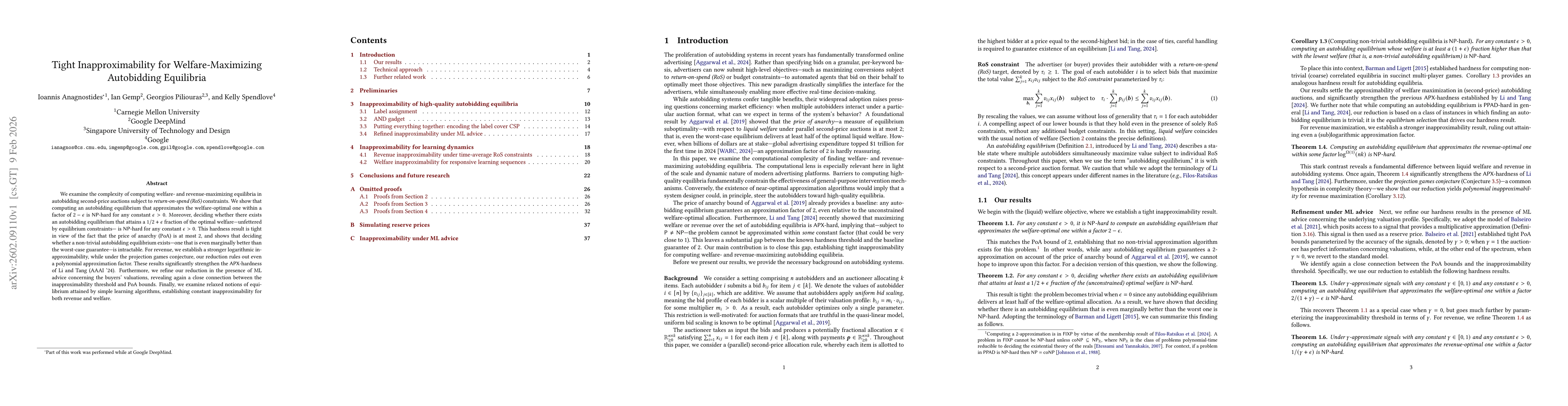 Thumbnail for Tight Inapproximability for Welfare-Maximizing Autobidding Equilibria