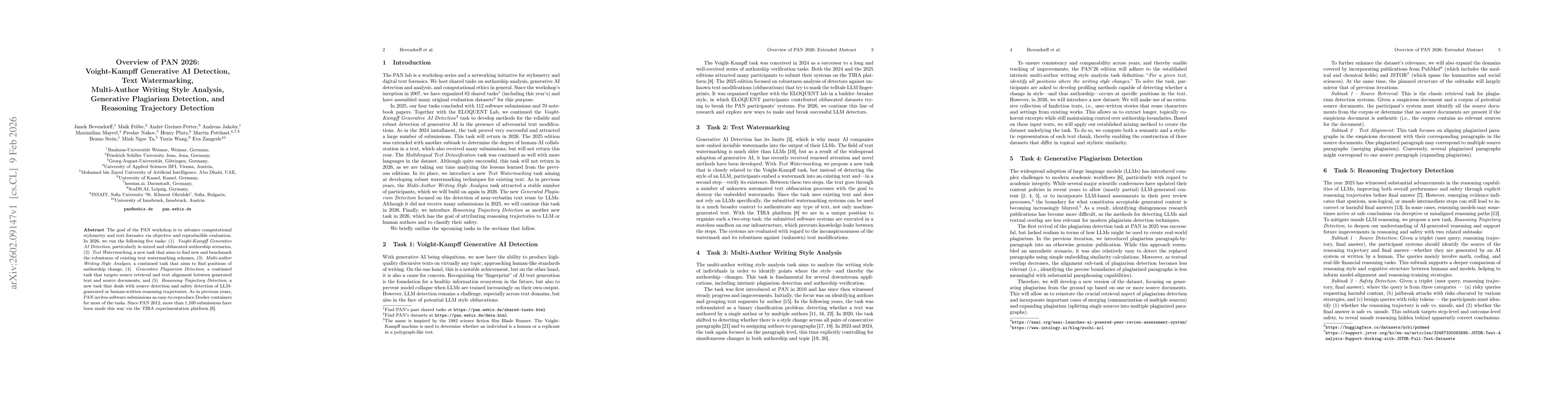 Thumbnail for Overview of PAN 2026: Voight-Kampff Generative AI Detection, Text Watermarking, Multi-Author Writing Style Analysis, Generative Plagiarism Detection, and Reasoning Trajectory Detection