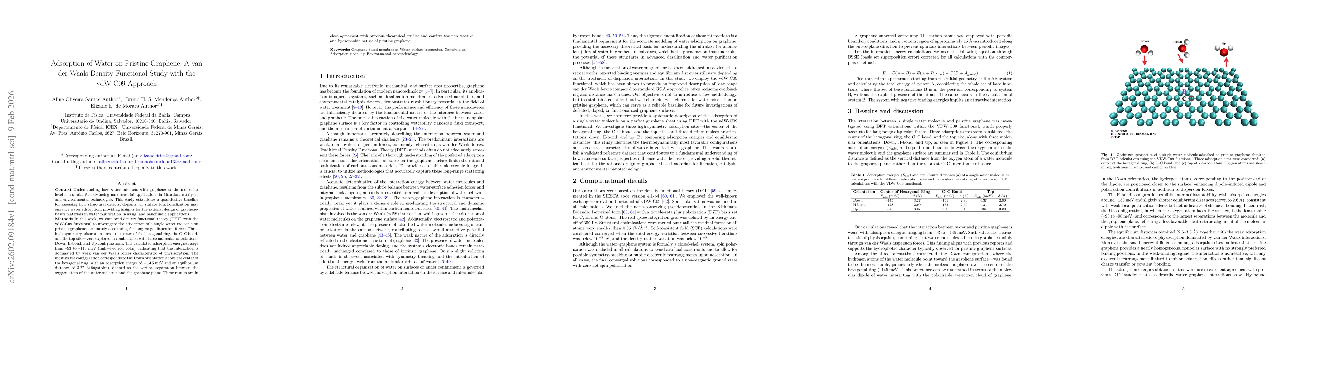 Thumbnail for Adsorption of Water on Pristine Graphene: A van der Waals Density Functional Study with the vdW-C09 Approach