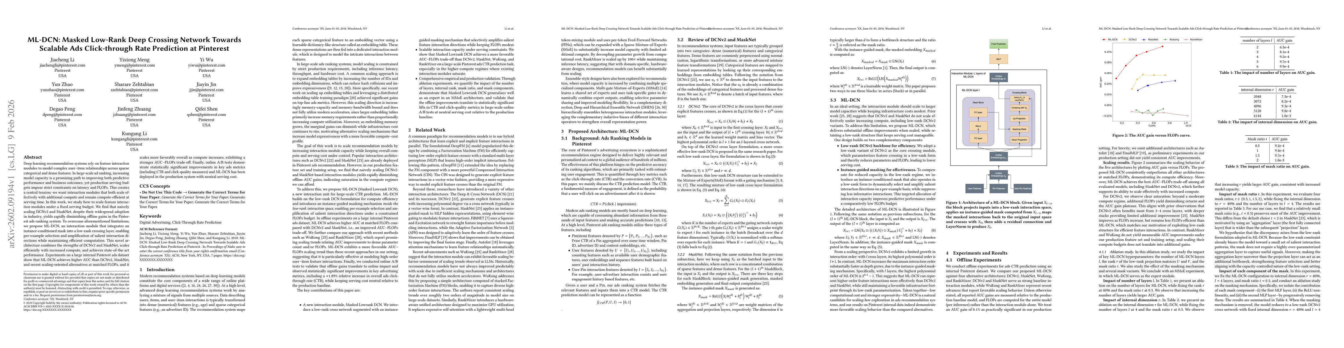 Thumbnail for ML-DCN: Masked Low-Rank Deep Crossing Network Towards Scalable Ads Click-through Rate Prediction at Pinterest