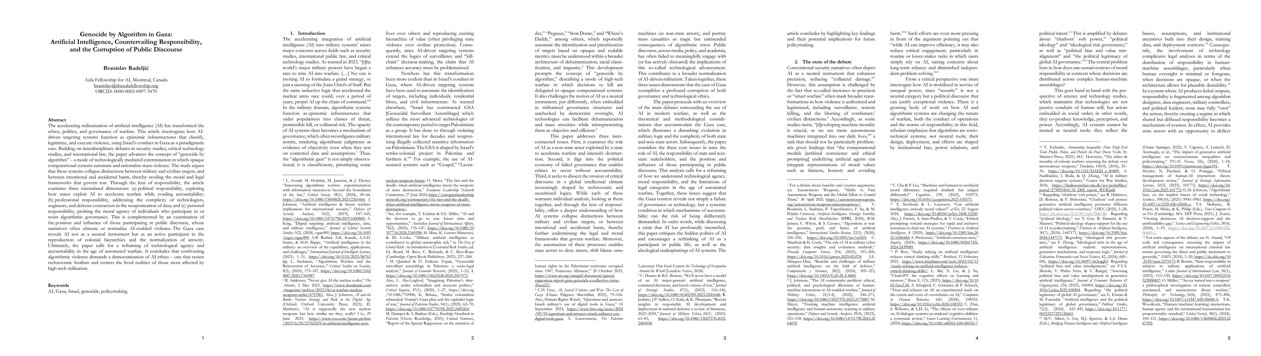 Thumbnail for Genocide by Algorithm in Gaza: Artificial Intelligence, Countervailing Responsibility, and the Corruption of Public Discourse