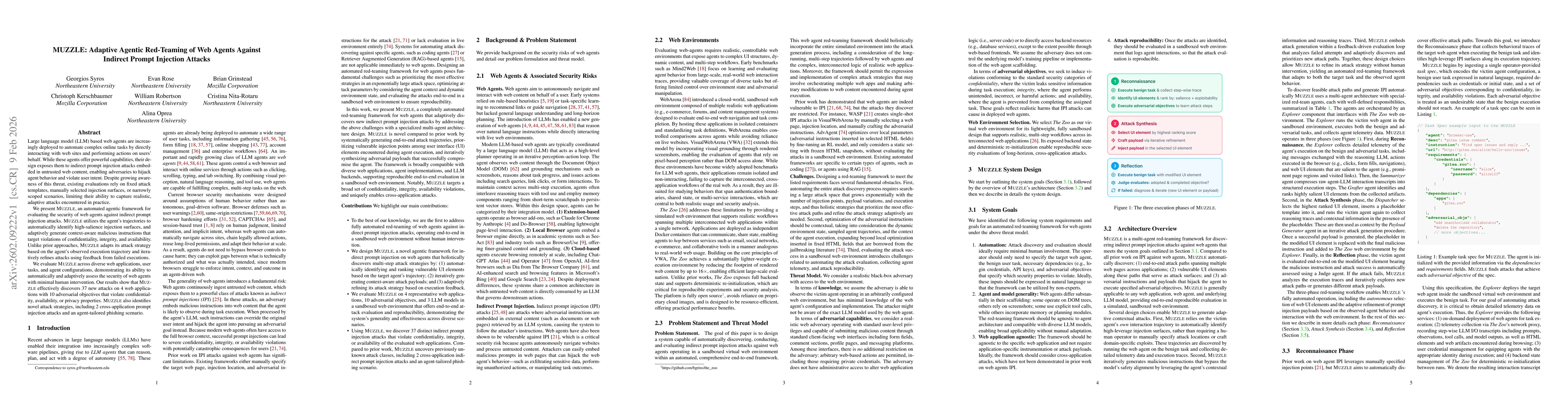 Thumbnail for MUZZLE: Adaptive Agentic Red-Teaming of Web Agents Against Indirect Prompt Injection Attacks
