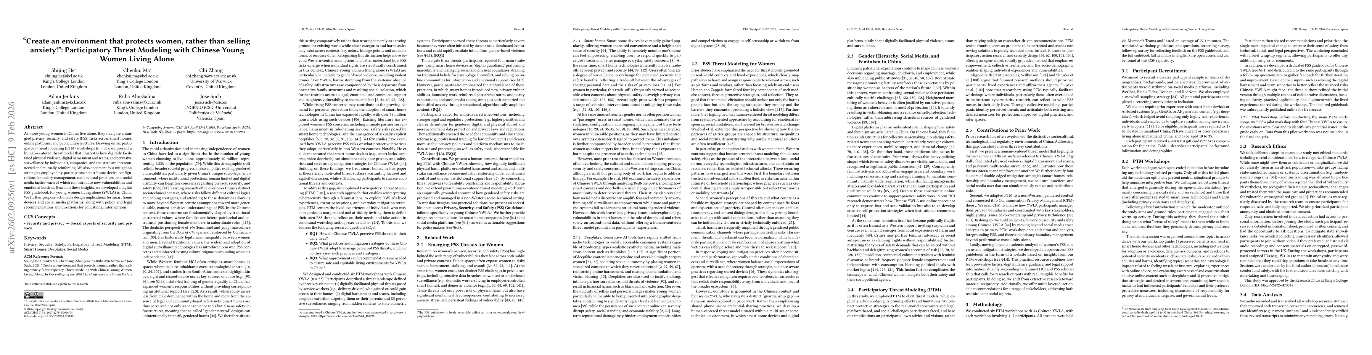 Thumbnail for "Create an environment that protects women, rather than selling anxiety!": Participatory Threat Modeling with Chinese Young Women Living Alone