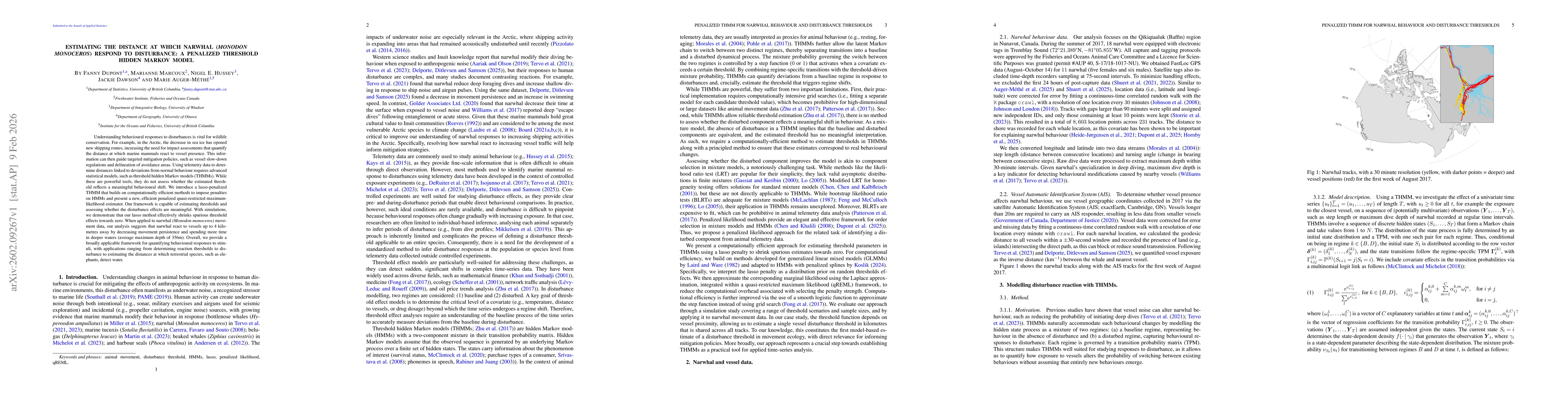 Thumbnail for Estimating the distance at which narwhal $(\textit{Monodon monoceros})$ respond to disturbance: a penalized threshold hidden Markov model