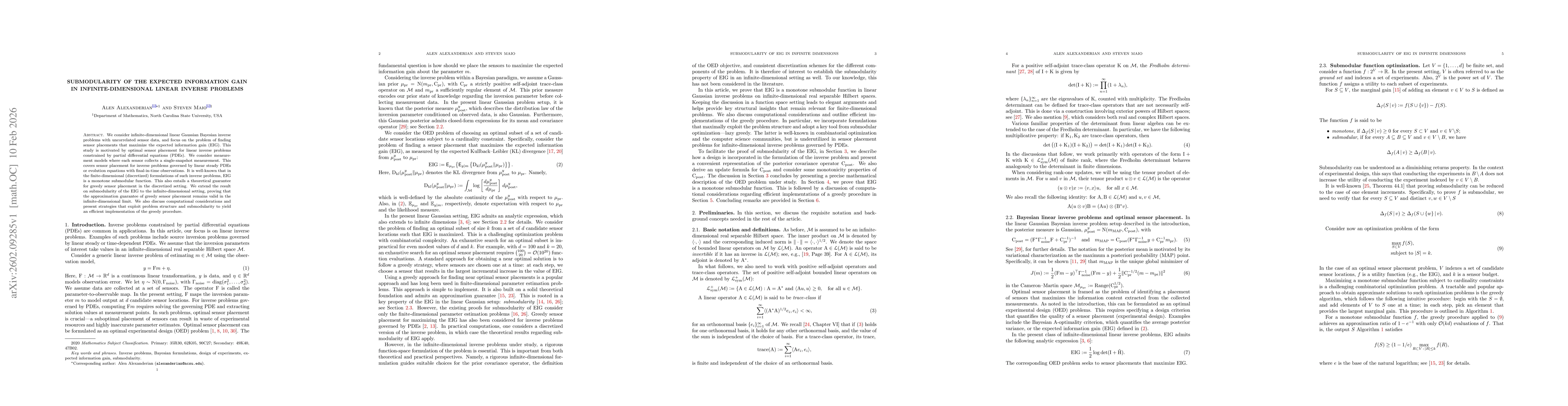 Thumbnail for Submodularity of the expected information gain in infinite-dimensional linear inverse problems