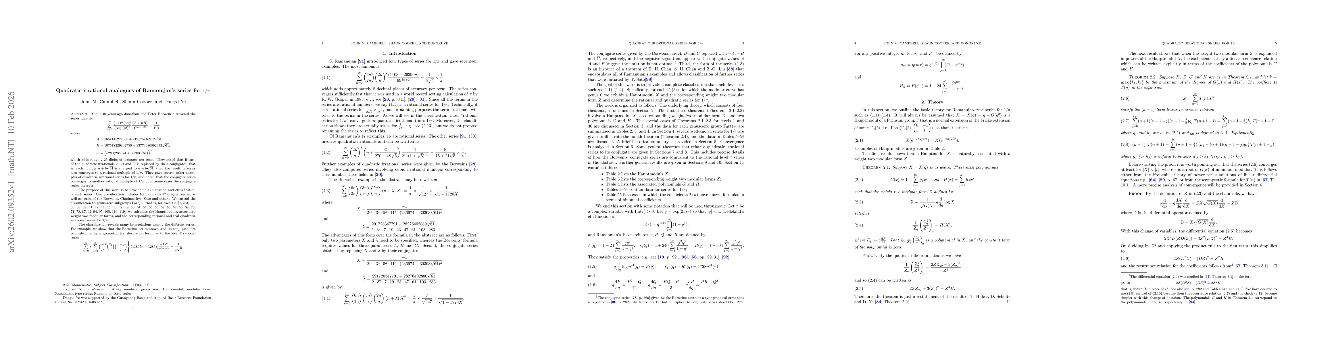 Thumbnail for Quadratic irrational analogues of Ramanujan's series for $1/π$