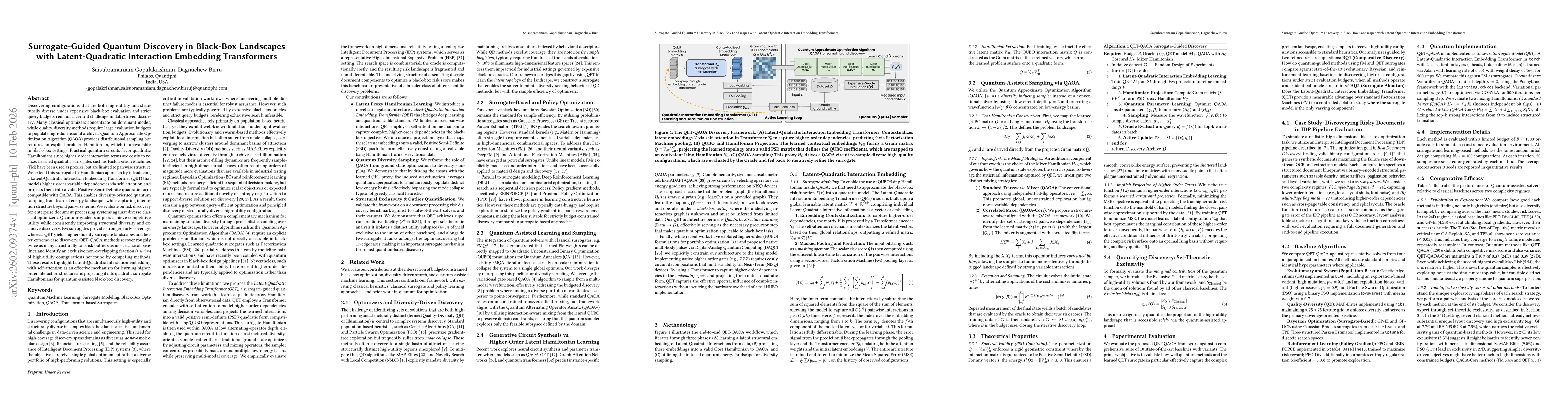 Thumbnail for Surrogate-Guided Quantum Discovery in Black-Box Landscapes with Latent-Quadratic Interaction Embedding Transformers