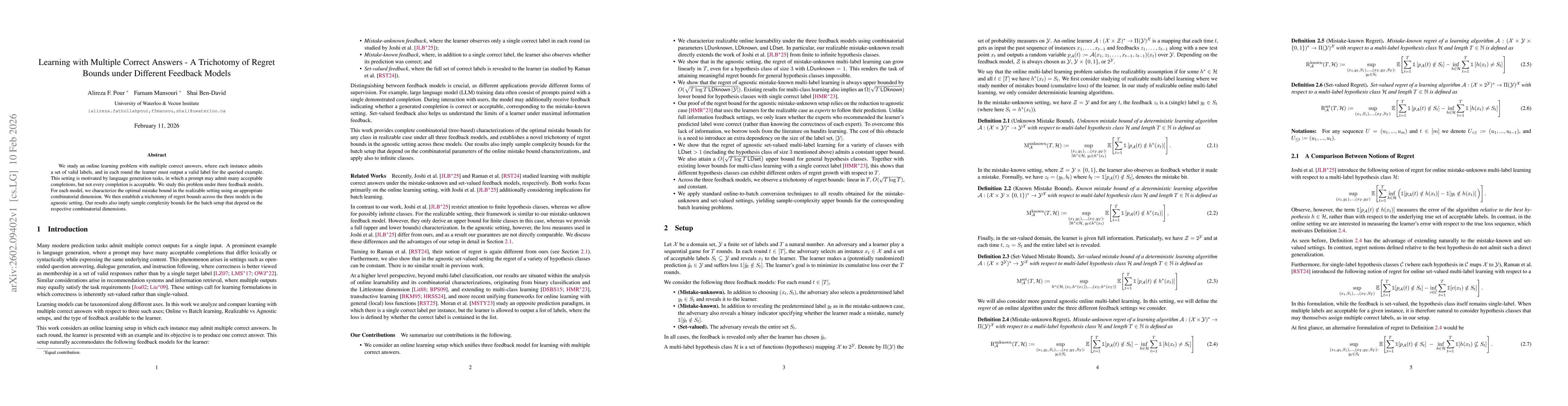 Thumbnail for Learning with Multiple Correct Answers -- A Trichotomy of Regret Bounds under Different Feedback Models