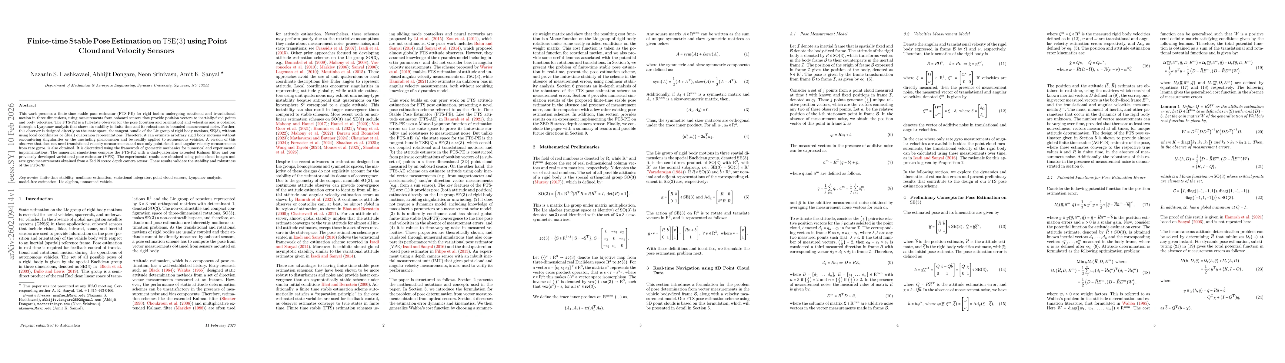 Thumbnail for Finite-time Stable Pose Estimation on TSE(3) using Point Cloud and Velocity Sensors
