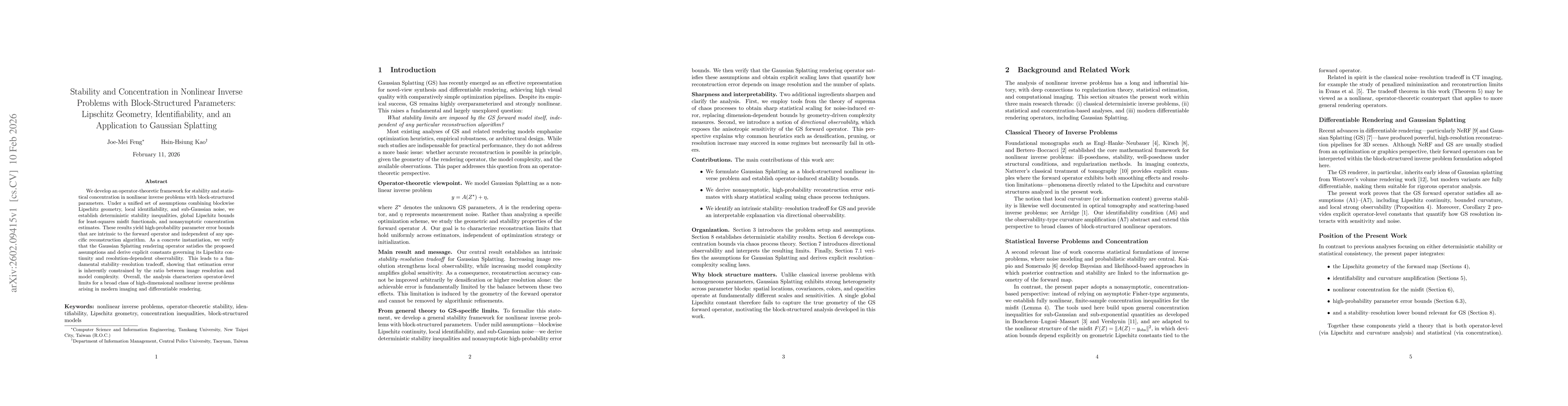 Thumbnail for Stability and Concentration in Nonlinear Inverse Problems with Block-Structured Parameters: Lipschitz Geometry, Identifiability, and an Application to Gaussian Splatting