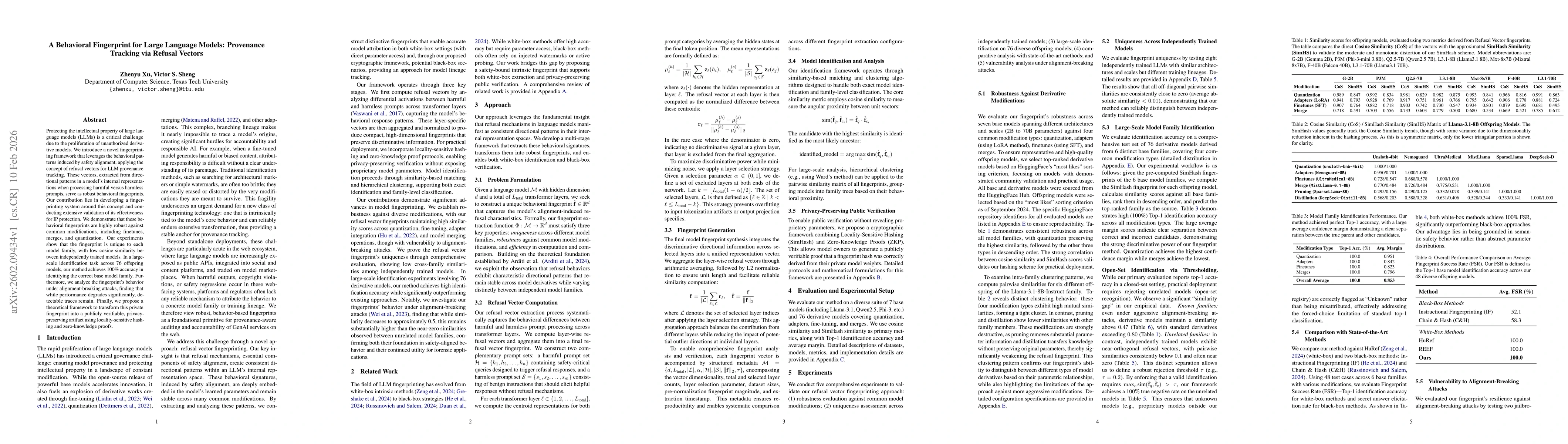 Thumbnail for A Behavioral Fingerprint for Large Language Models: Provenance Tracking via Refusal Vectors