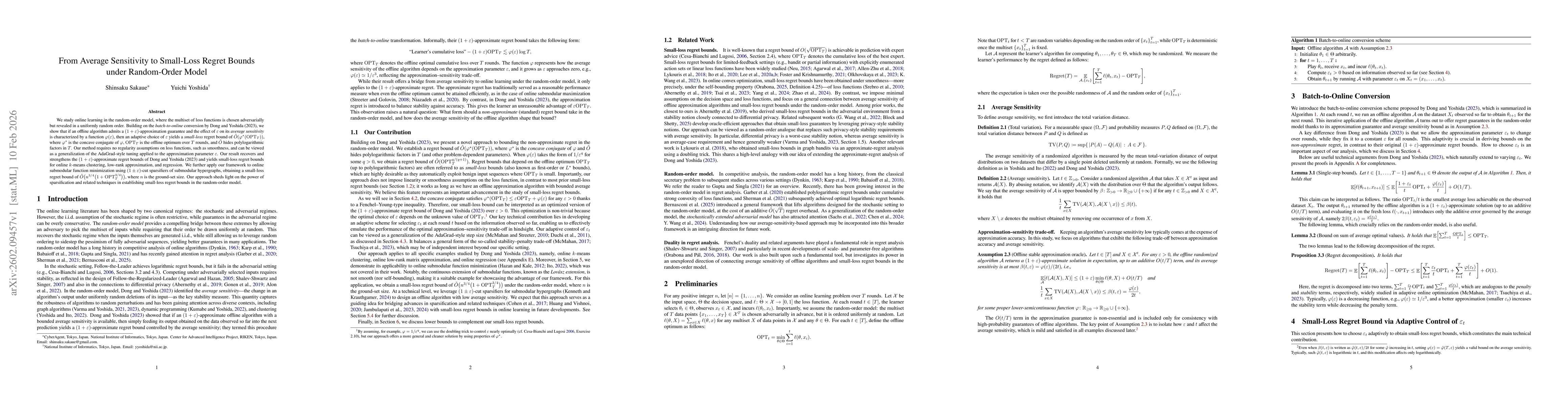 Thumbnail for From Average Sensitivity to Small-Loss Regret Bounds under Random-Order Model
