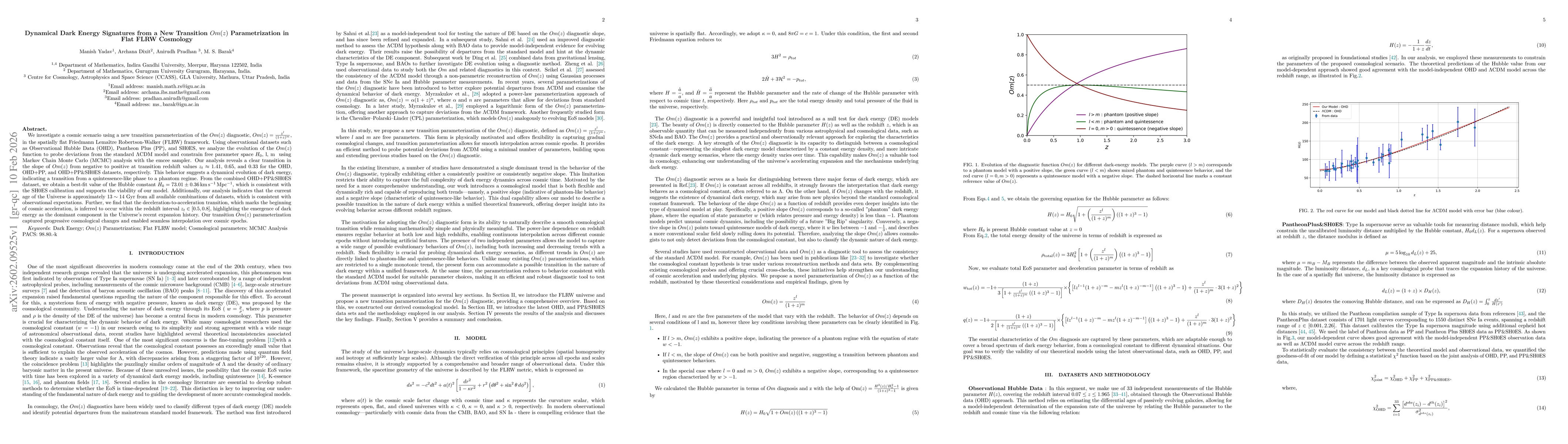 Thumbnail for Dynamical Dark Energy Signatures from a New Transition $Om(z)$ Parametrization in Flat FLRW Cosmology