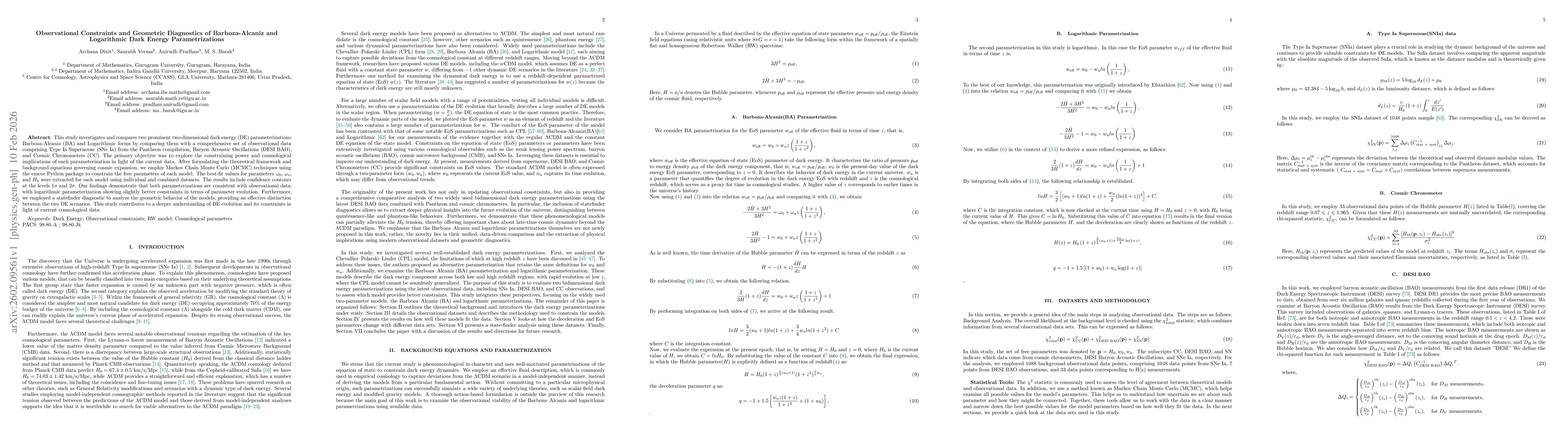 Thumbnail for Observational Constraints and Geometric Diagnostics of Barboza-Alcaniz and Logarithmic Dark Energy Parametrizations