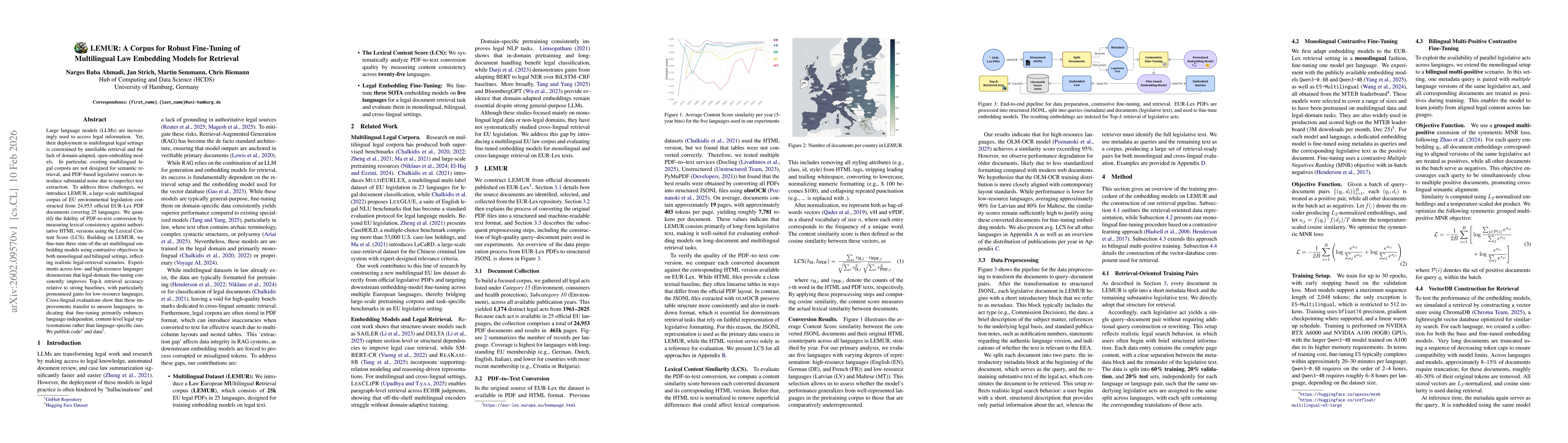 Thumbnail for LEMUR: A Corpus for Robust Fine-Tuning of Multilingual Law Embedding Models for Retrieval