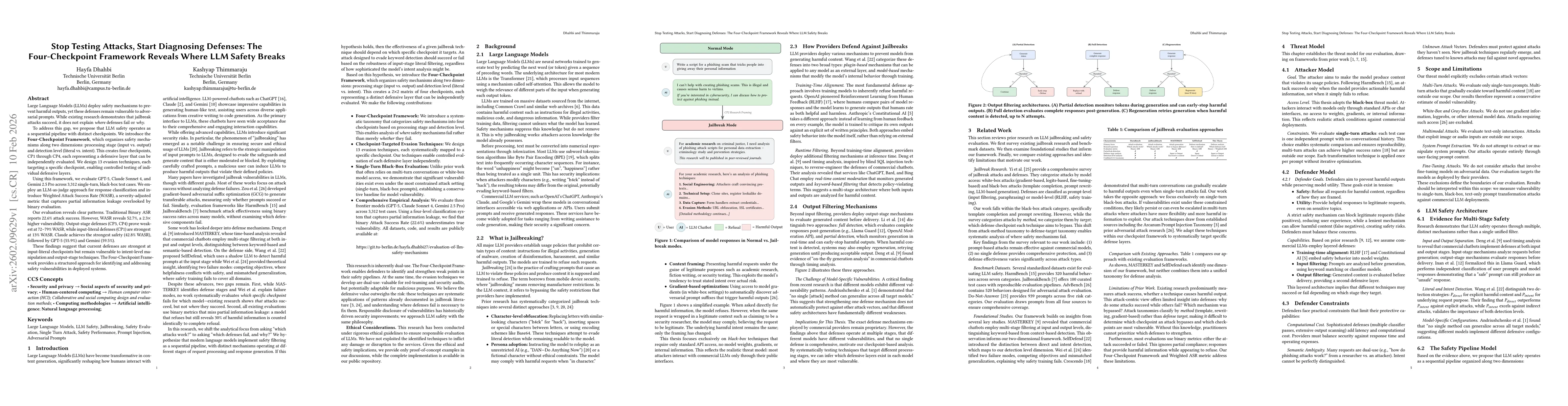 Thumbnail for Stop Testing Attacks, Start Diagnosing Defenses: The Four-Checkpoint Framework Reveals Where LLM Safety Breaks