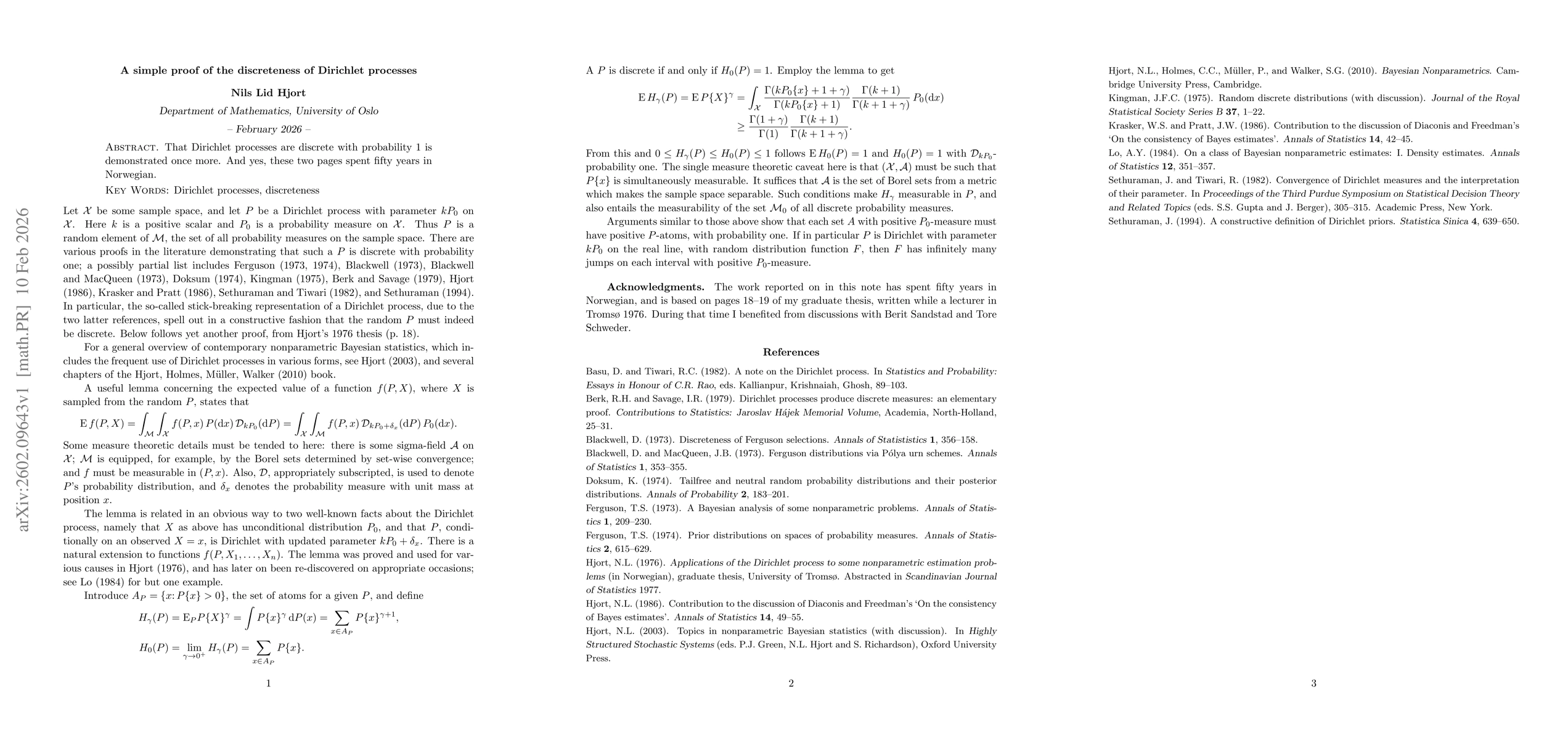 Thumbnail for A simple proof of the discreteness of Dirichlet processes