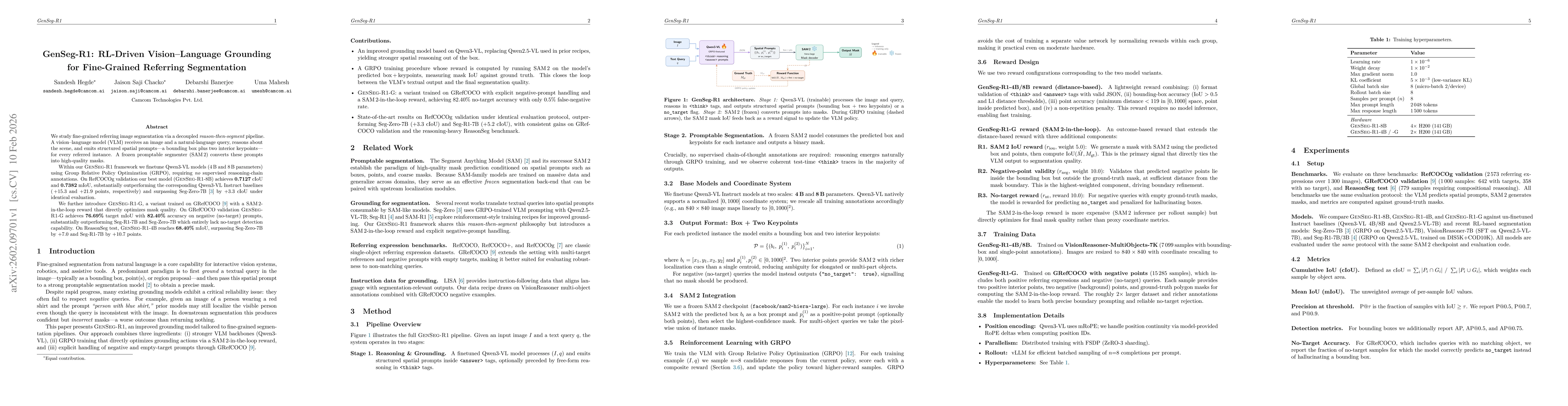 Thumbnail for GenSeg-R1: RL-Driven Vision-Language Grounding for Fine-Grained Referring Segmentation