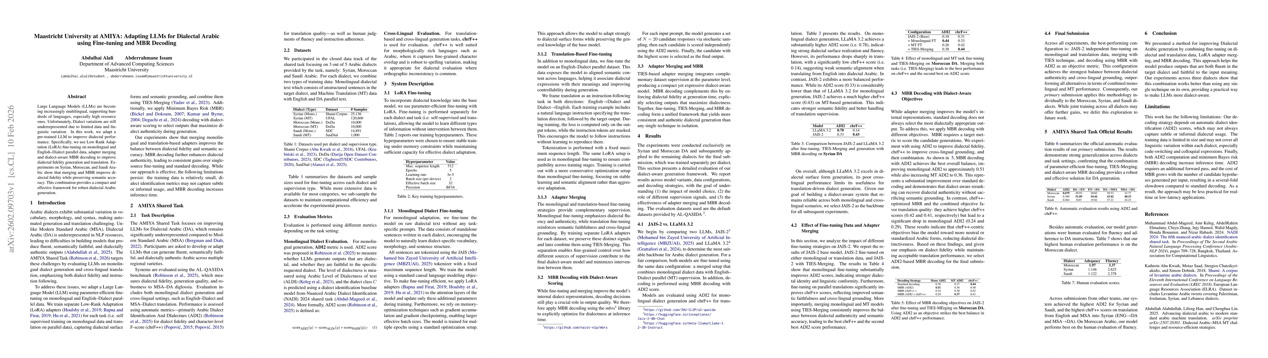 Thumbnail for Maastricht University at AMIYA: Adapting LLMs for Dialectal Arabic using Fine-tuning and MBR Decoding