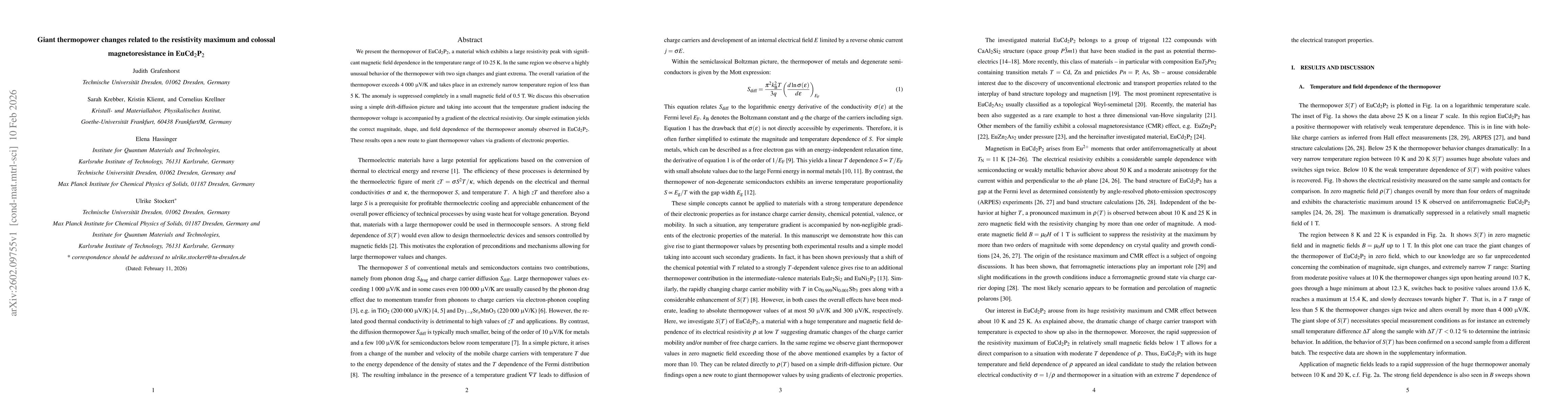 Thumbnail for Giant thermopower changes related to the resistivity maximum and colossal magnetoresistance in EuCd2P2