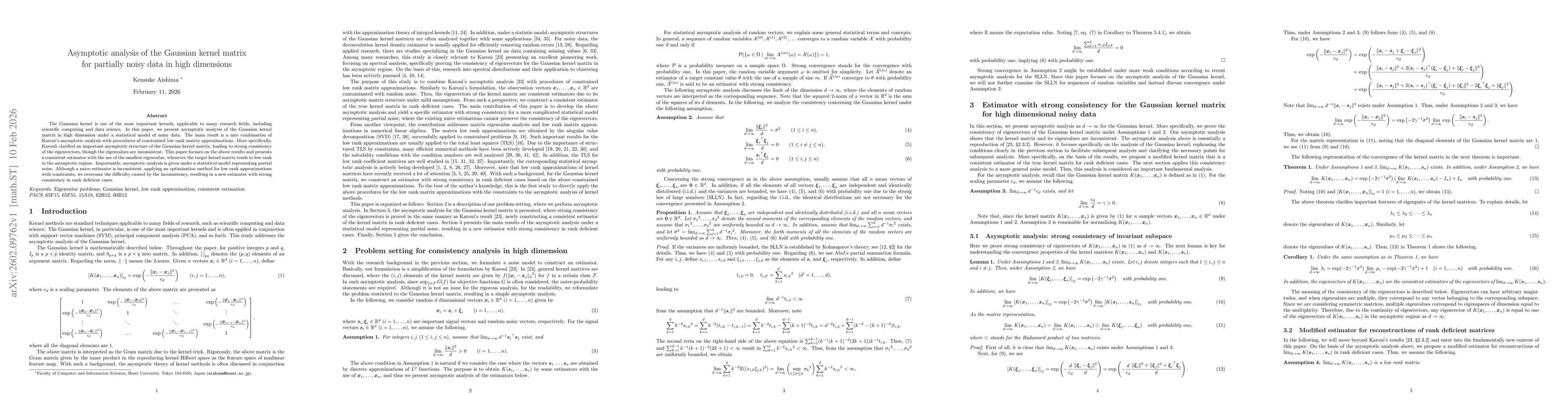 Thumbnail for Asymptotic analysis of the Gaussian kernel matrix for partially noisy data in high dimensions