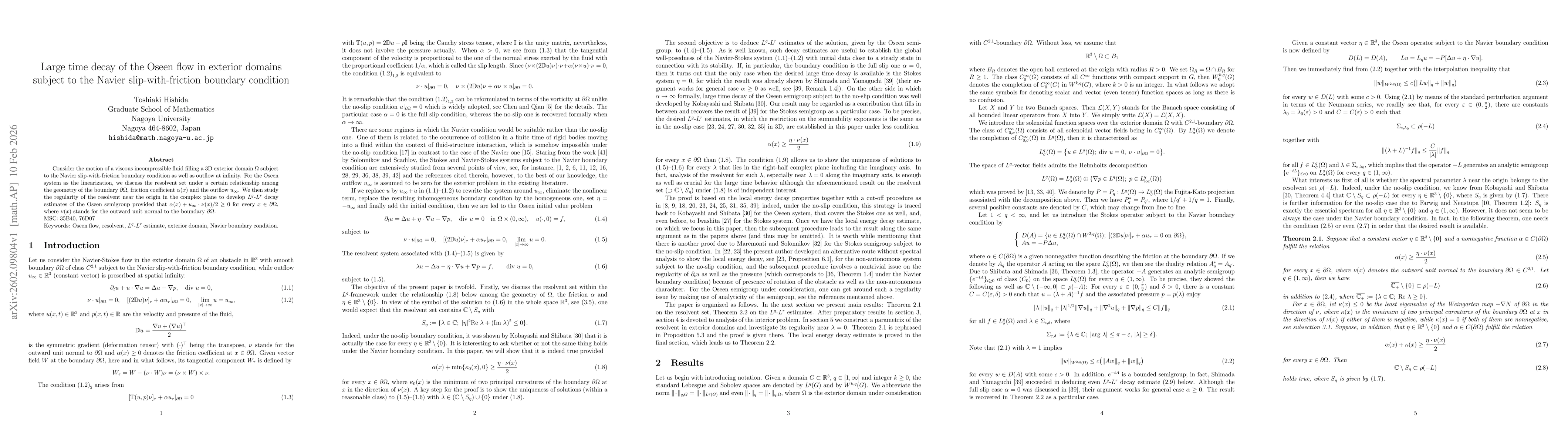 Thumbnail for Large time decay of the Oseen flow in exterior domains subject to the Navier slip-with-friction boundary condition