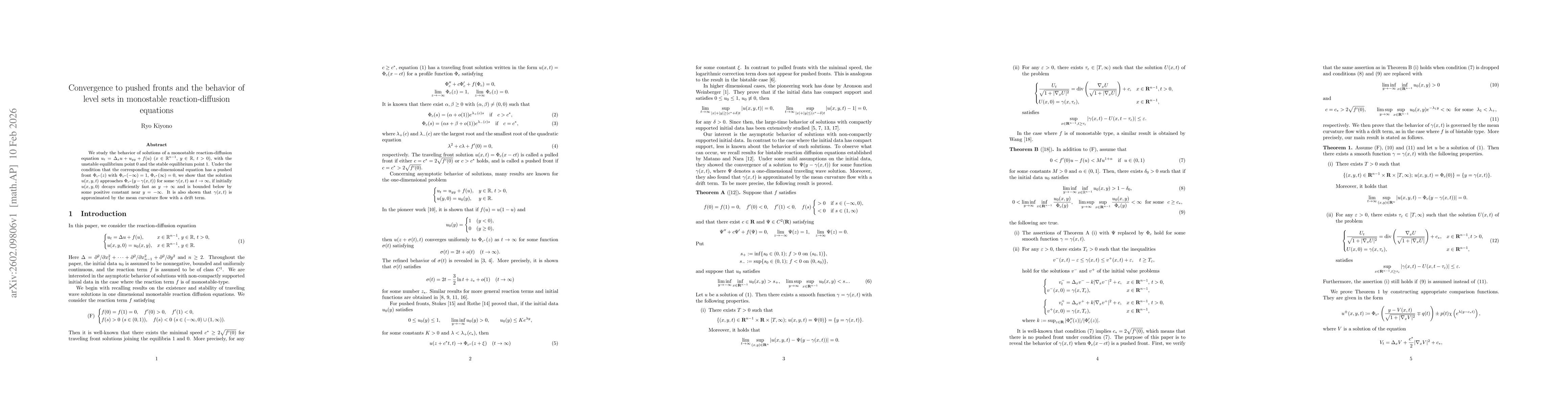 Thumbnail for Convergence to pushed fronts and the behavior of level sets in monostable reaction-diffusion equations
