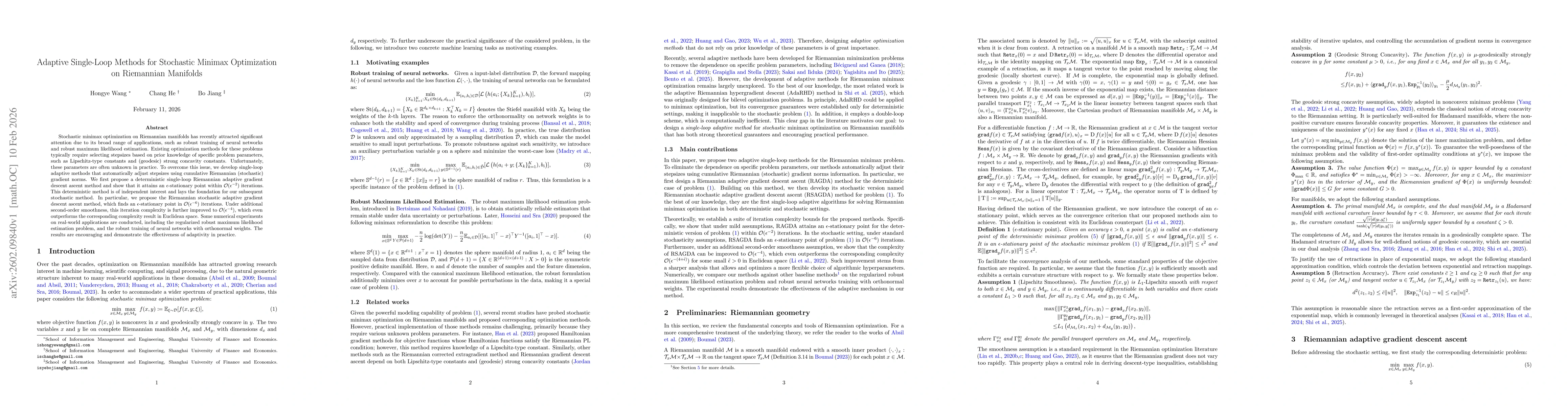 Thumbnail for Adaptive Single-Loop Methods for Stochastic Minimax Optimization on Riemannian Manifolds
