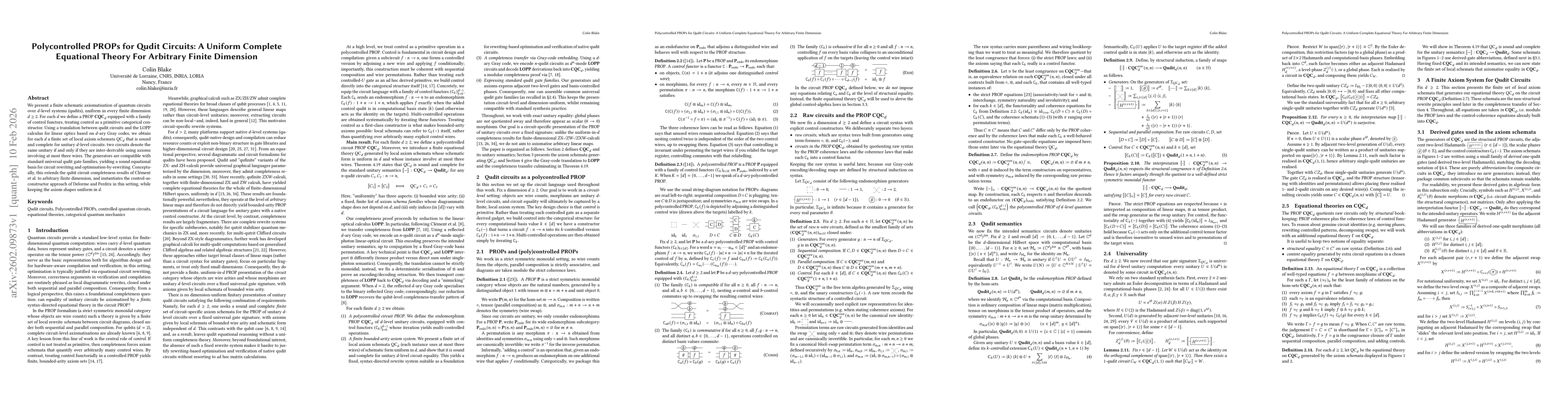 Thumbnail for Polycontrolled PROPs for Qudit Circuits: A Uniform Complete Equational Theory For Arbitrary Finite Dimension