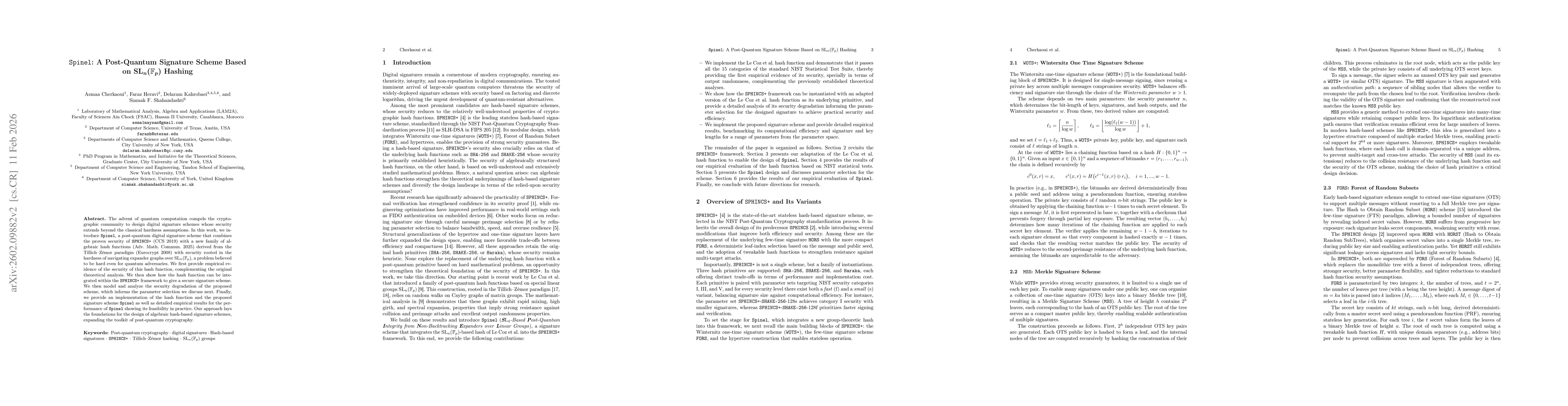 Thumbnail for Spinel: A Post-Quantum Signature Scheme Based on $\mathrm{SL}_n(\mathbb{F}_p)$ Hashing