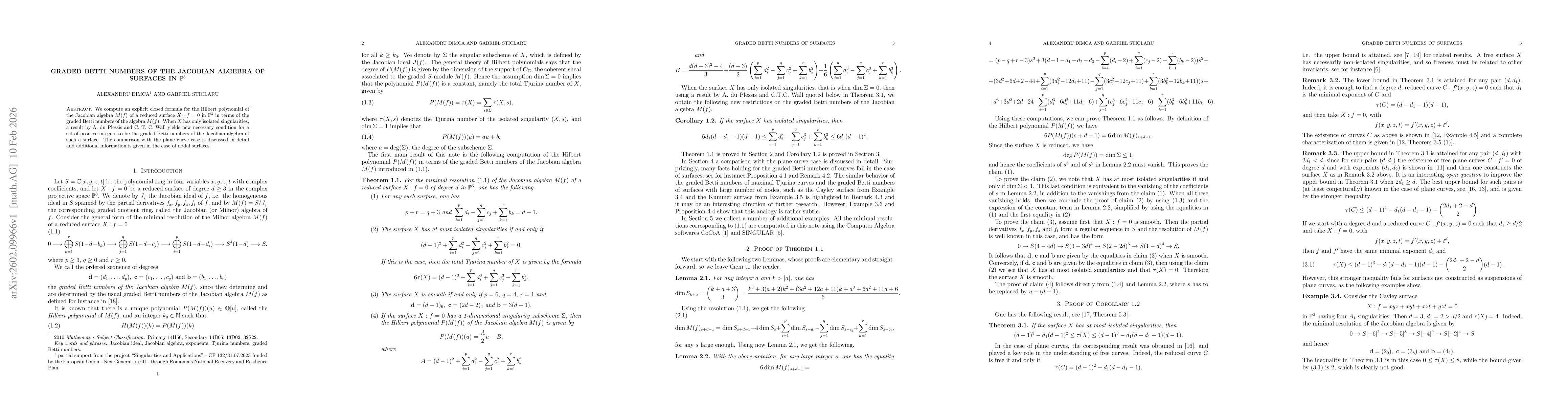 Thumbnail for Graded Betti numbers of the Jacobian algebra of surfaces in $\mathbb P^3$