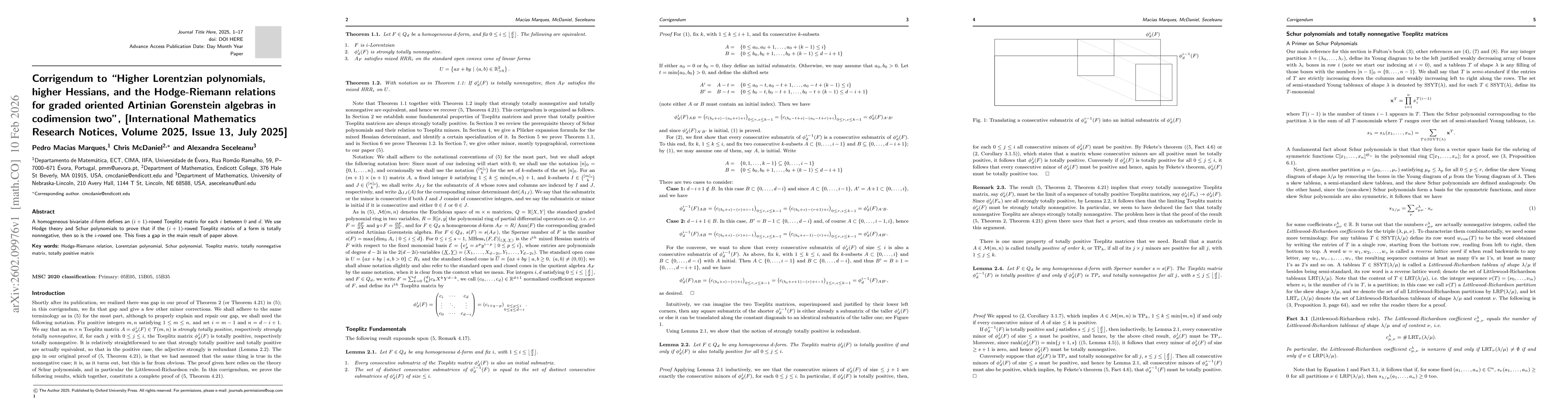 Thumbnail for Corrigendum to "Higher Lorentzian polynomials,...in codimension two" [International Mathematics Research Notices, Volume 2025, Issue 13, July 2025, arXiv:2208.05653]