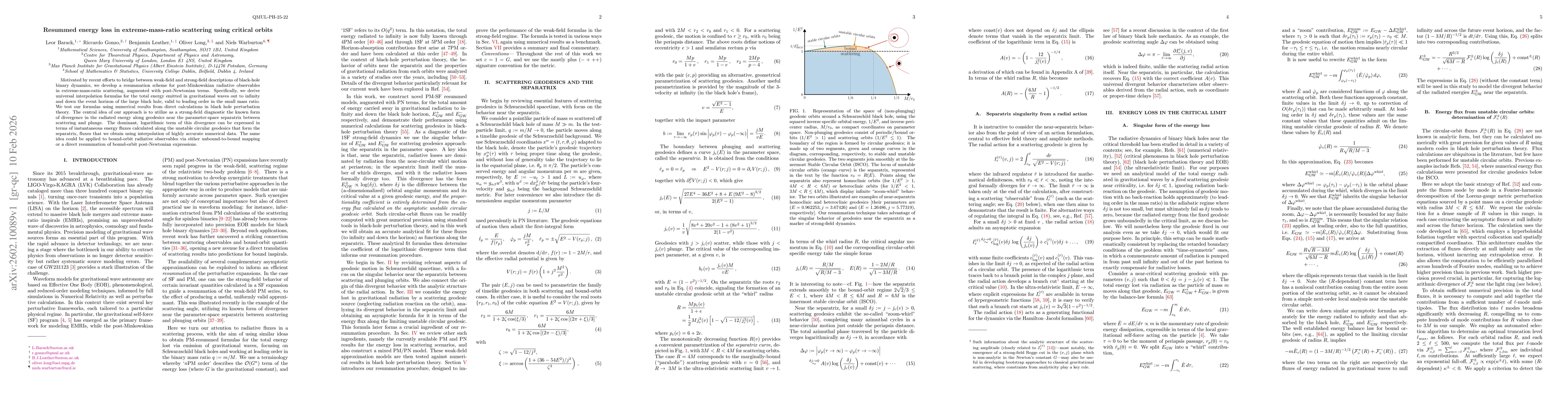Thumbnail for Resummed energy loss in extreme-mass-ratio scattering using critical orbits