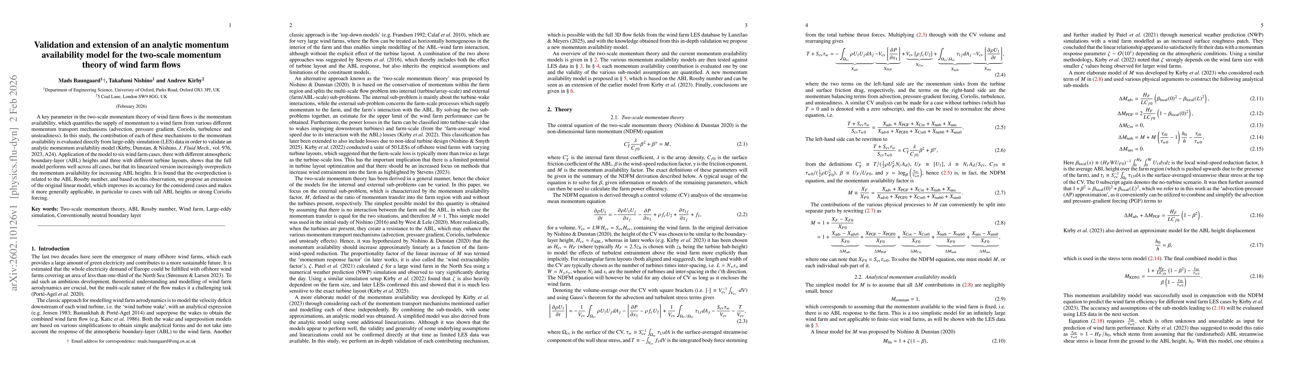 Thumbnail for Validation and extension of an analytic momentum availability model for the two-scale momentum theory of wind farm flows