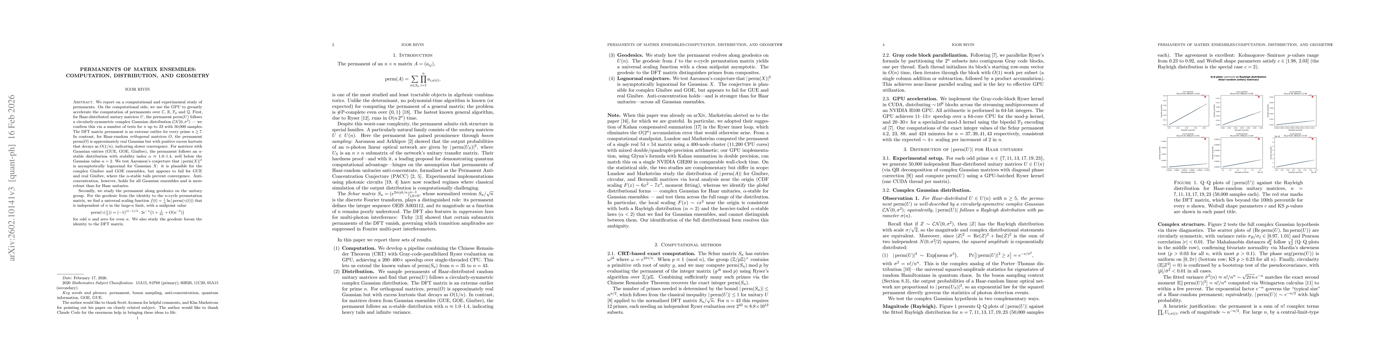 Thumbnail for Permanents of matrix ensembles: computation, distribution, and geometry