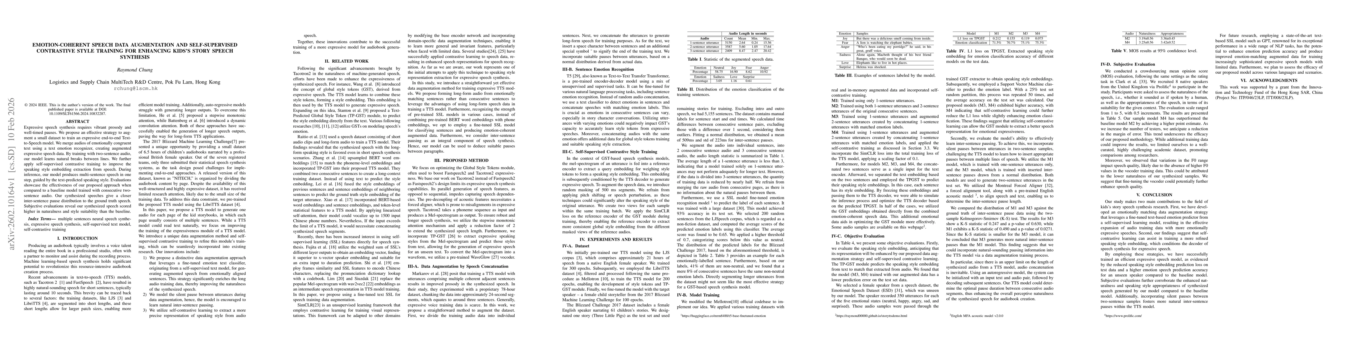 Thumbnail for Emotion-Coherent Speech Data Augmentation and Self-Supervised Contrastive Style Training for Enhancing Kids's Story Speech Synthesis
