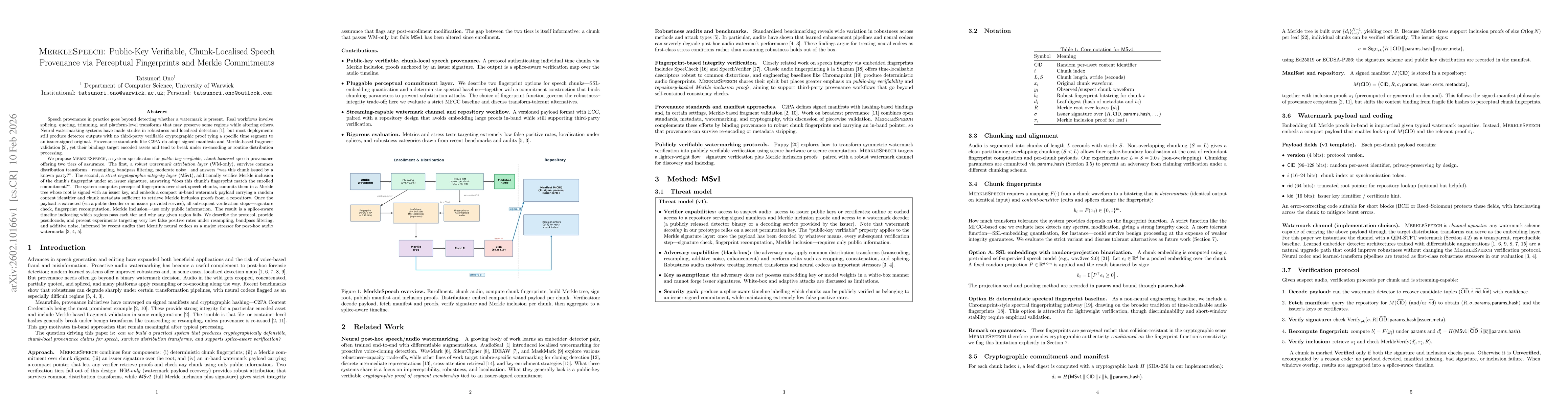 Thumbnail for MerkleSpeech: Public-Key Verifiable, Chunk-Localised Speech Provenance via Perceptual Fingerprints and Merkle Commitments