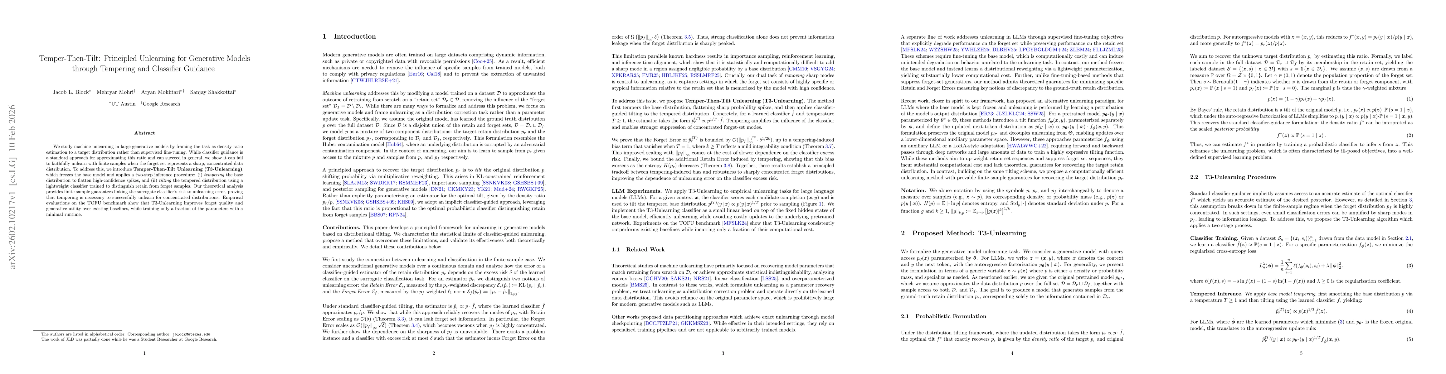 Thumbnail for Temper-Then-Tilt: Principled Unlearning for Generative Models through Tempering and Classifier Guidance