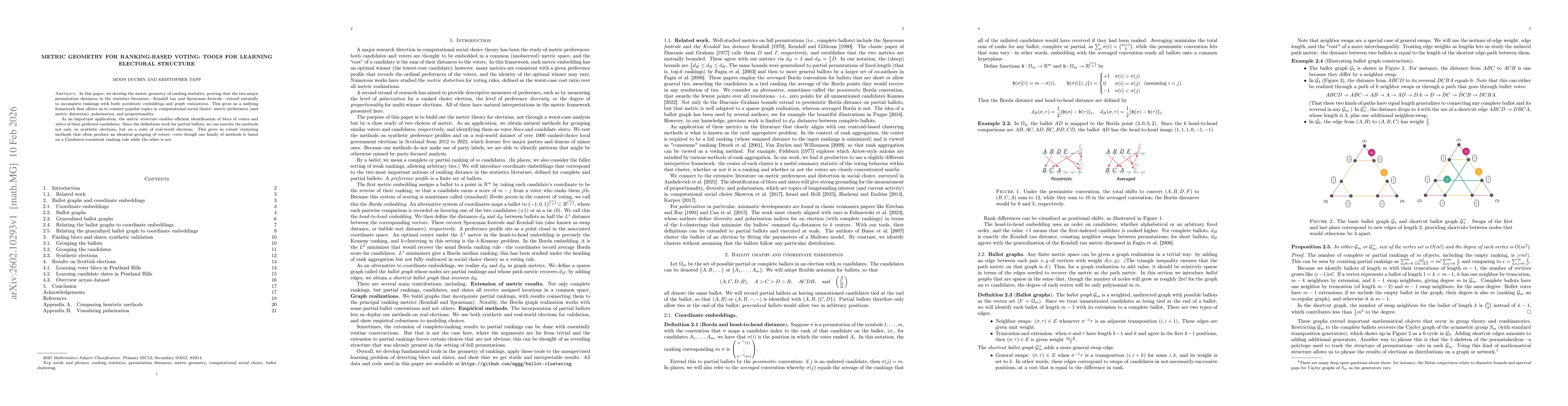 Thumbnail for Metric geometry for ranking-based voting: Tools for learning electoral structure