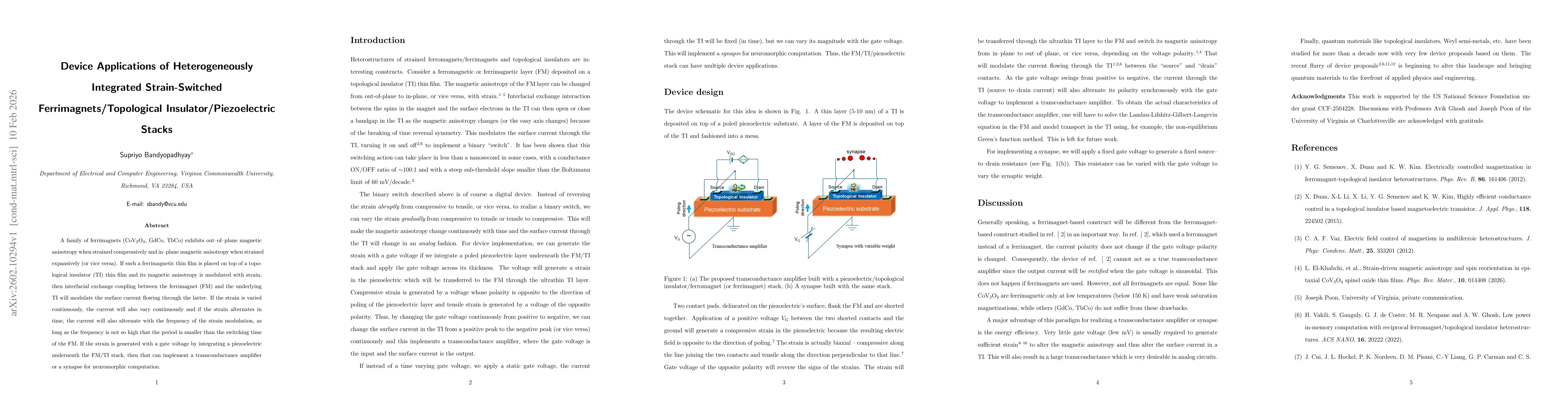 Thumbnail for Device Applications of Heterogeneously Integrated Strain-Switched Ferrimagnets/Topological Insulator/Piezoelectric Stacks