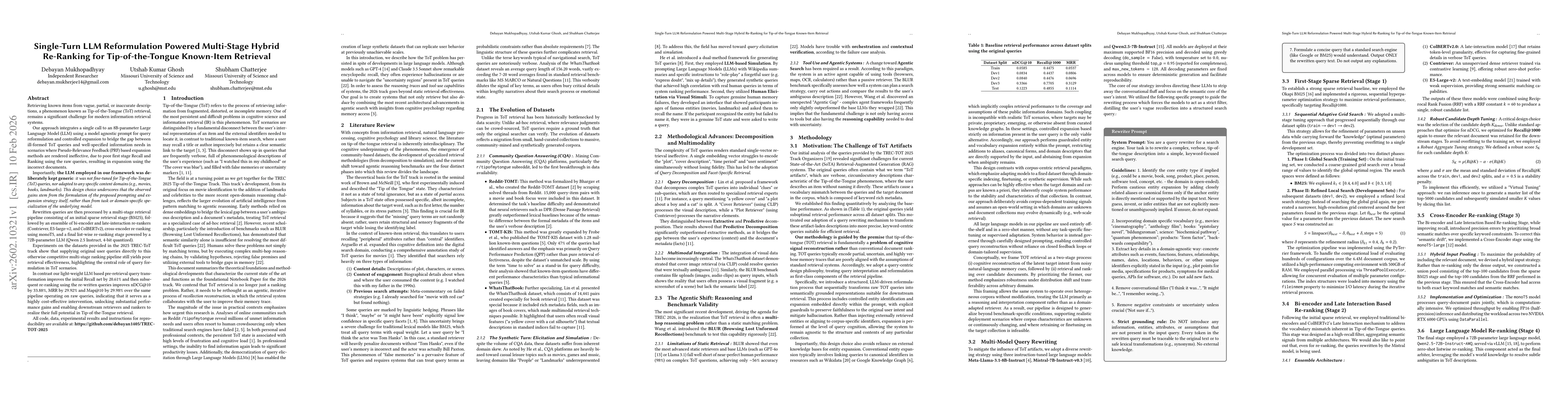 Thumbnail for Single-Turn LLM Reformulation Powered Multi-Stage Hybrid Re-Ranking for Tip-of-the-Tongue Known-Item Retrieval