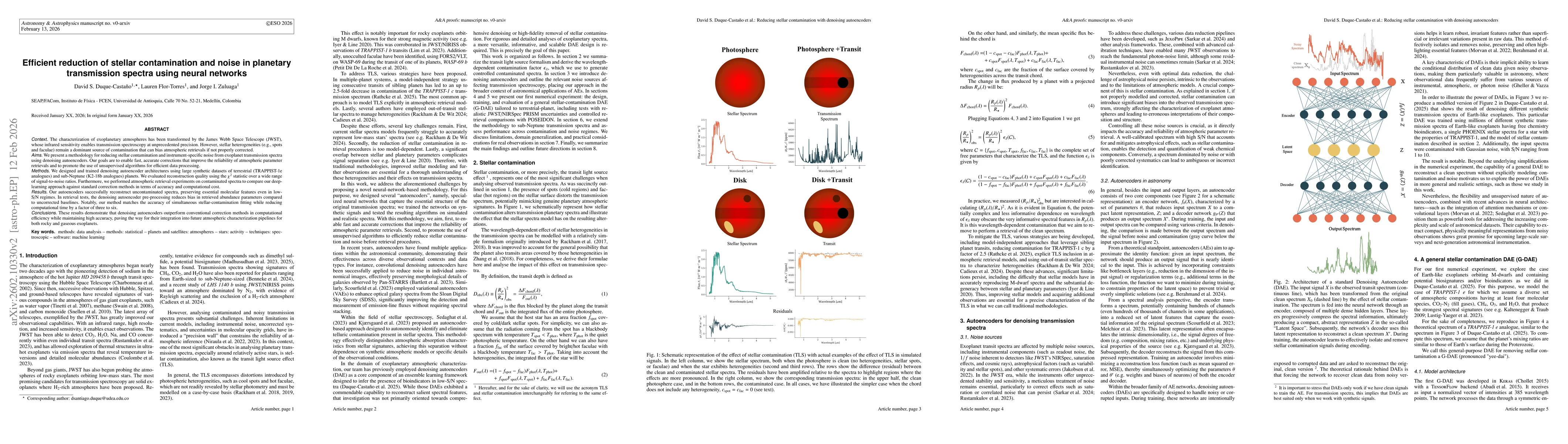 Thumbnail for Efficient reduction of stellar contamination and noise in planetary transmission spectra using neural networks